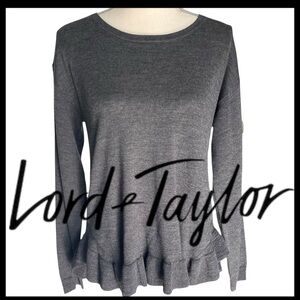 Lord & Taylor Grey Extra Fine Merino Ruffle-Hem Lightweight Sweater Top (M)